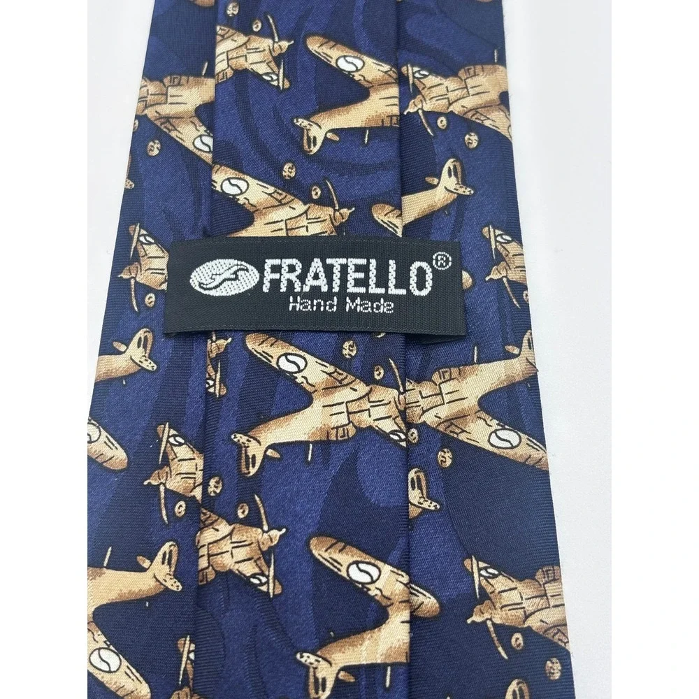 Fratello Mens Navy Blue Vintage Propeller Airplane Aviation Print Silk-Look Tie